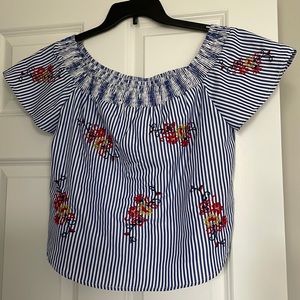 Costal Striped Top with Embroidered Flowers